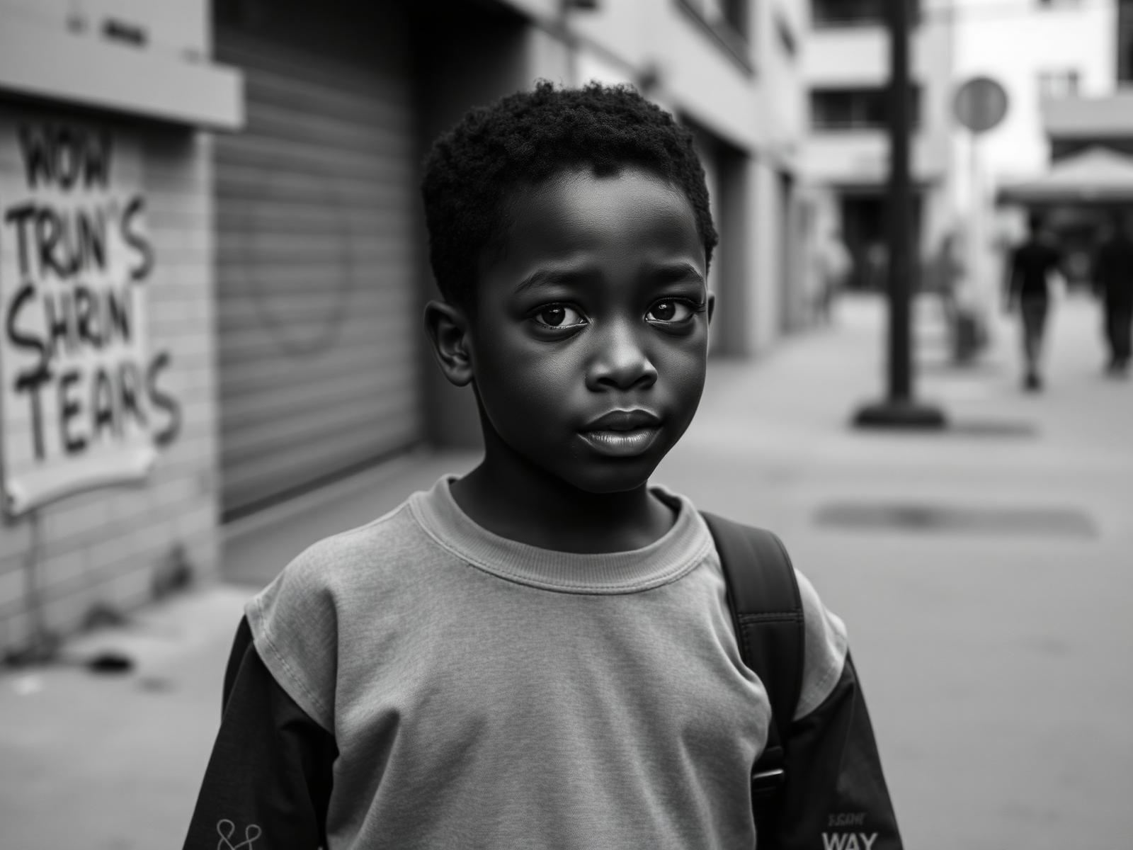 A young boy on an urban street looking toward the future
