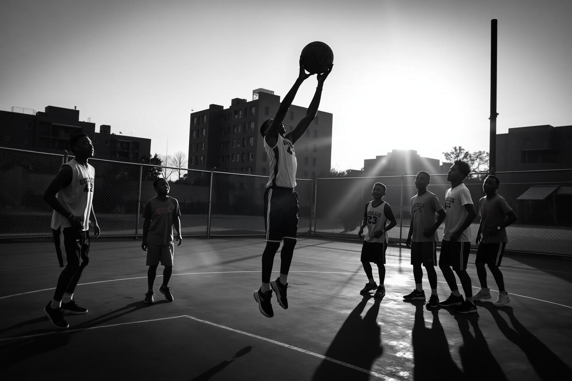 Youth playing basketball on an outdoor court at golden hour